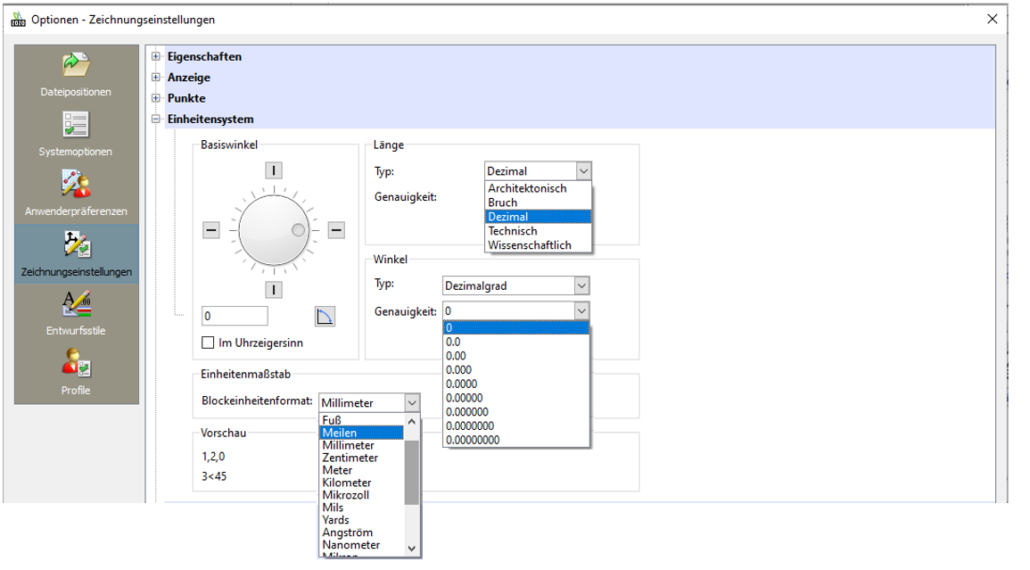 DraftSight: Zeichnungseinstellungen - Einheitensystem