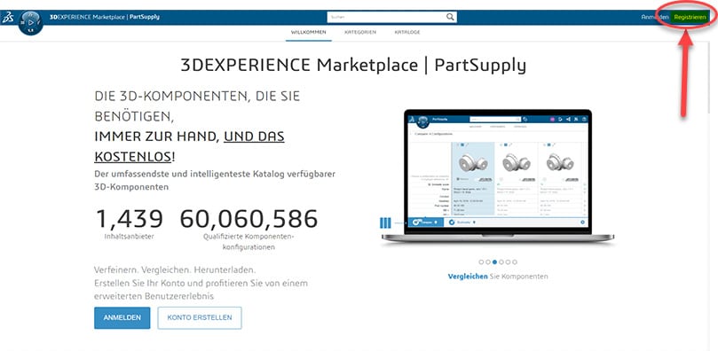 3DEXPERIENCE Marketplace Registrierungsseite